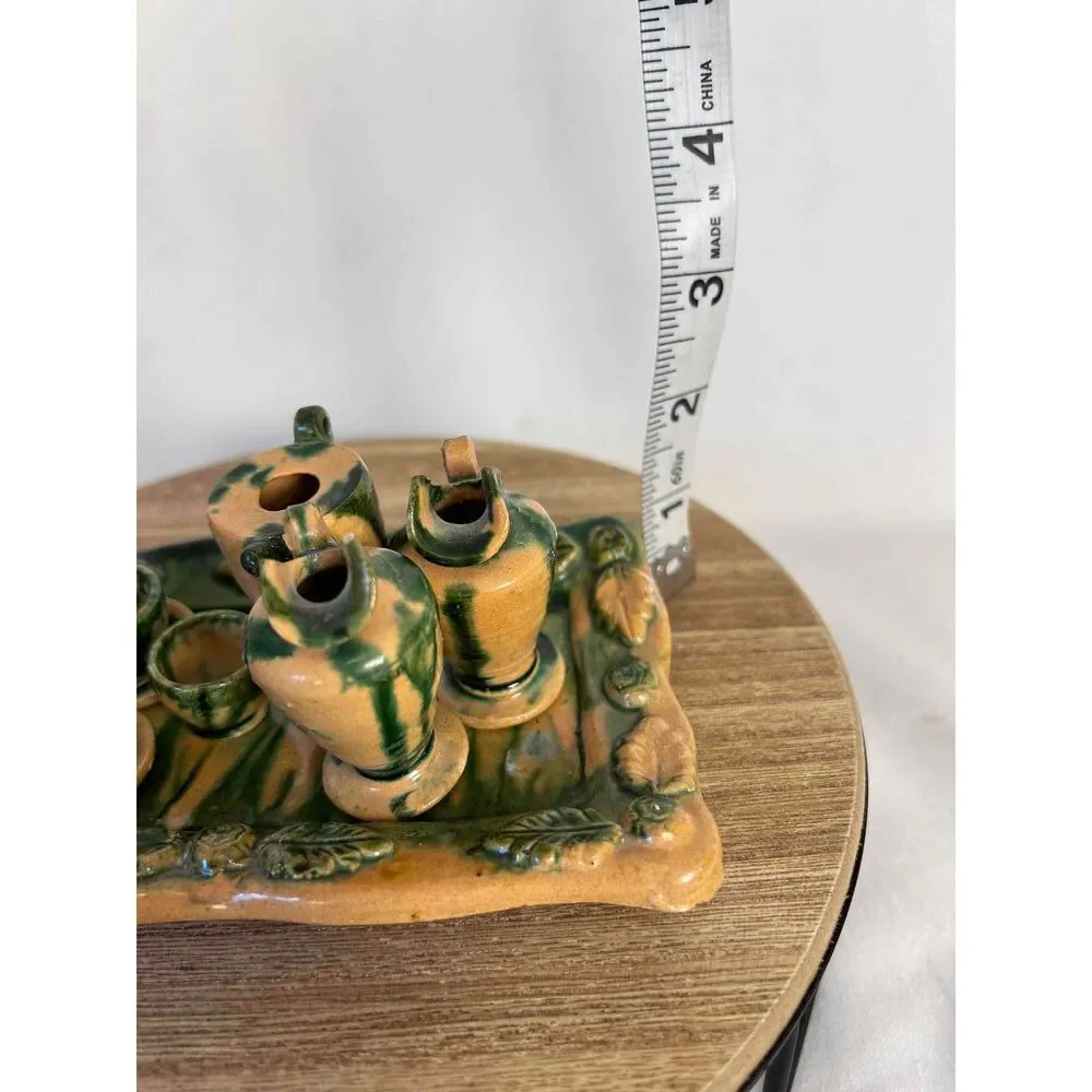 Majolica Pottery Miniature‎ Dollhouse Tea Set 9 Pieces Green Beige Rustic